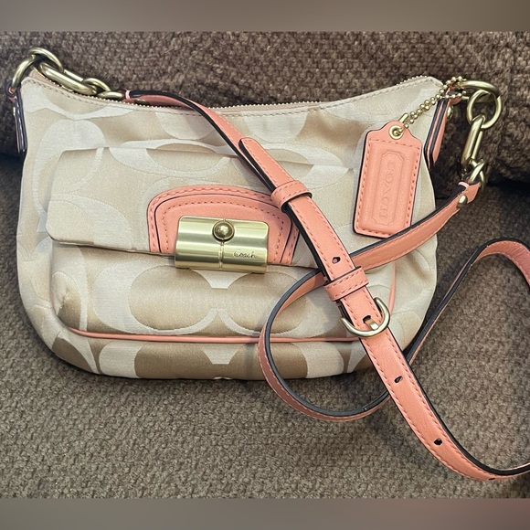 Coach Handbags - Never used- EXCELLENT Coach, tan and peach crossbody. Pocket outside and inside.